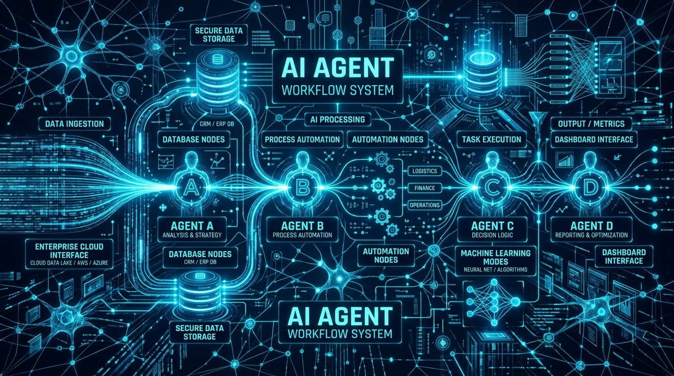 Intricate architectural diagram of autonomous AI agent workflow system connecting enterprise databases and cloud APIs