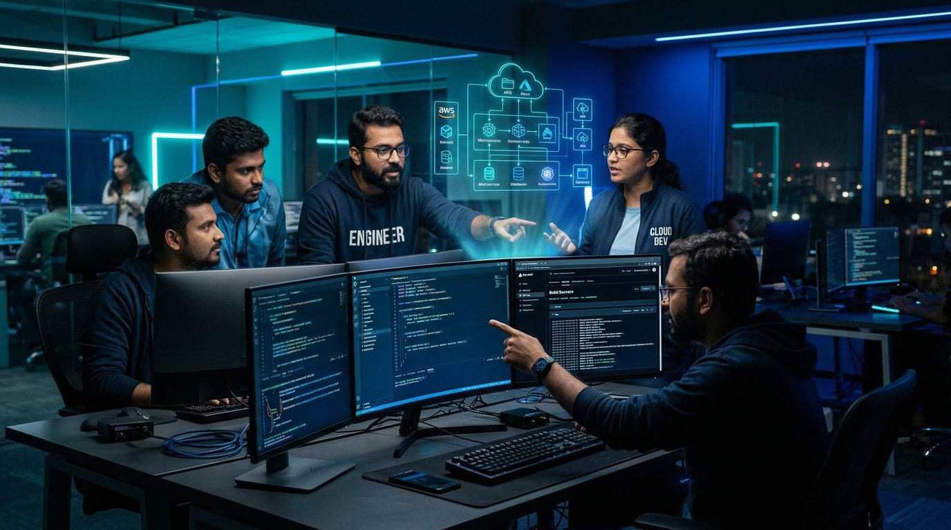 Dedicated developer pod collaborating in modern high-tech engineering lab in Kolkata building Next.js and cloud systems