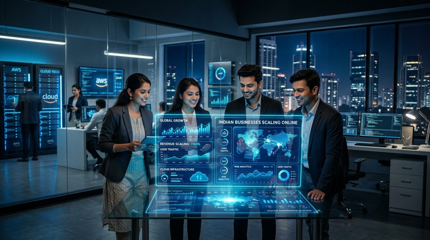 Indian small business team scaling their enterprise online using cloud dashboards and web portals