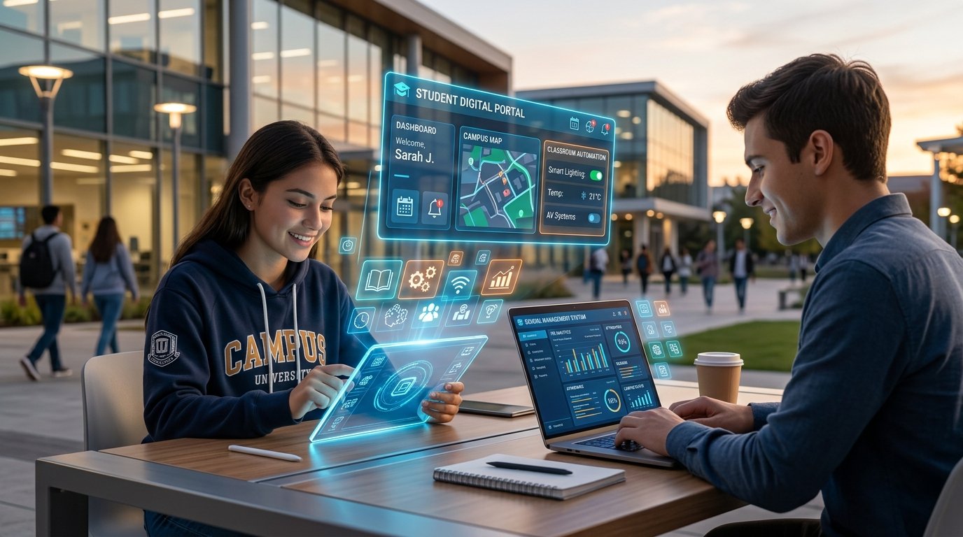 Students and teachers using modern holographic digital school management portal and tablet on modern educational campus